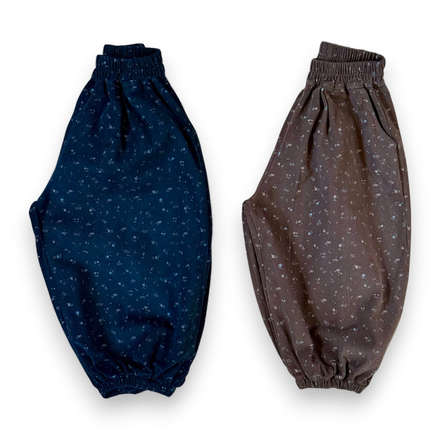 Marine blue & brown children’s brushed cotton pataloons with balloon silhouette, elasticated cuffs and waistband by That’s Not Fair London