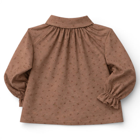 Brushed cotton children’s blouse with slim Peter Pan collar, button front, Raglan sleeve with frilled cuff details.