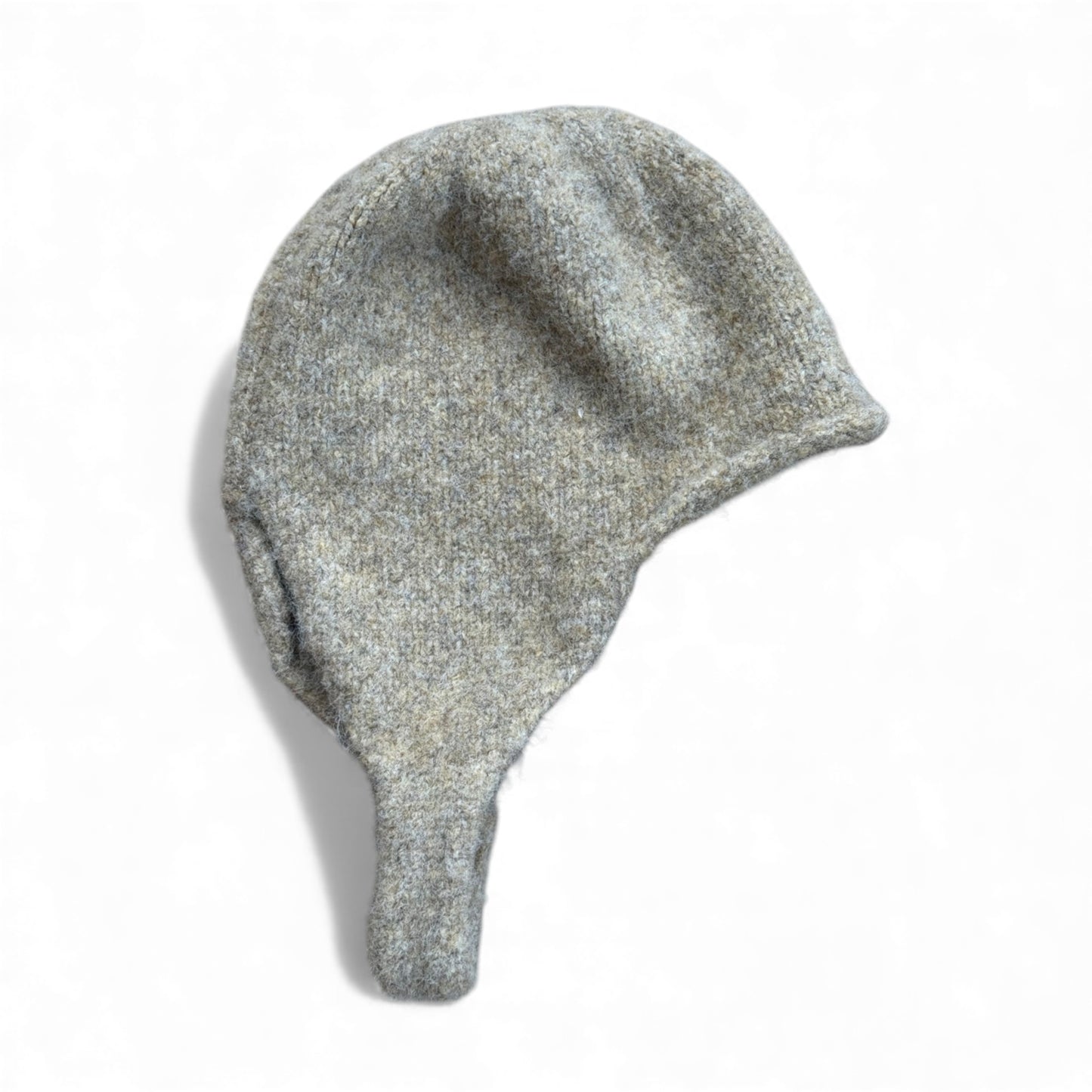 Grey wool bascinet-style children’s hat showing curved ear panel — side view.