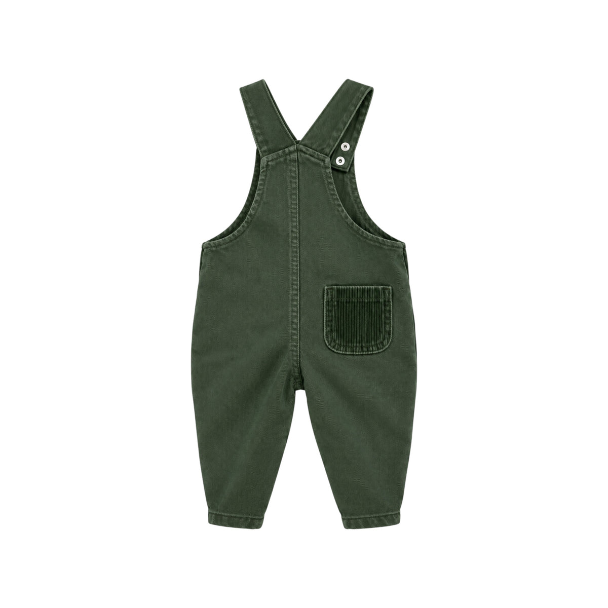 Back view of Arvo green children's dungarees showing the tonal corduroy patch pocket, adjustable shoulder straps and tapered legs.