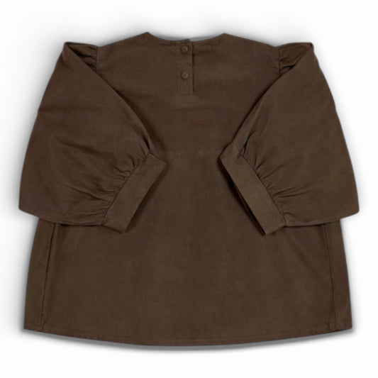 Cotton drill smock top with lace bib front and balloon sleeves