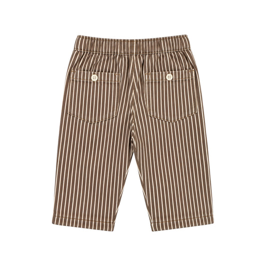 Back view of the Benga Pants by That’s Not Fair London, featuring brown and cream stripes and distinctive back patch pockets.
