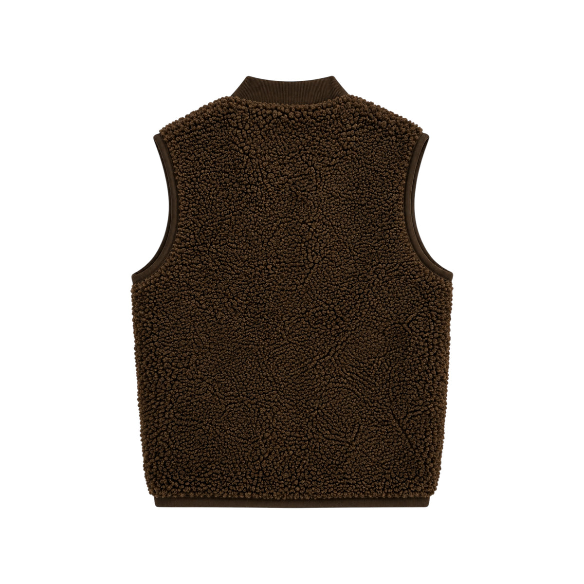 Back view of the Benni brown teddy fleece children's gilet with ribbed collar, armhole trims and hem.