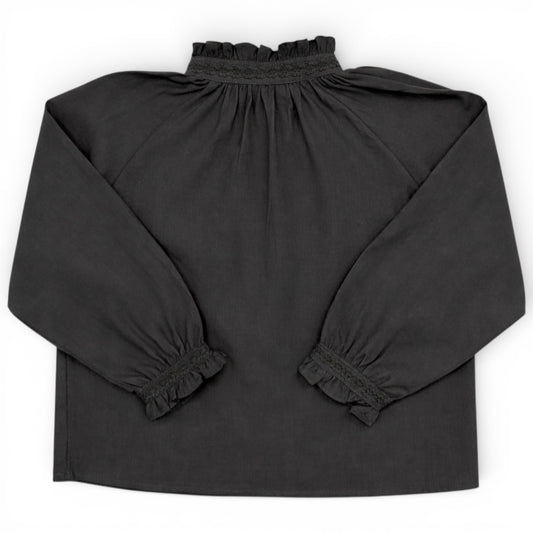 Childrens charcoal grey cotton shirt with raglan sleeves, high frilled neckline and wide cuffs