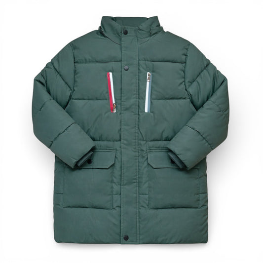 Children’s quilted winter coat without hood, featuring zip and popper fastening and striped zip pockets.
