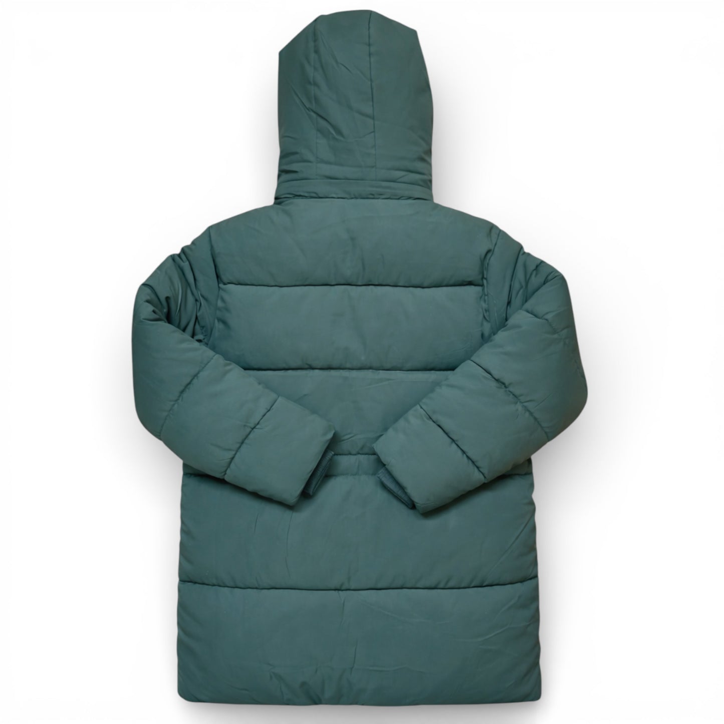 Back view of children’s quilted winter coat showing padded construction and three-quarter length shape.