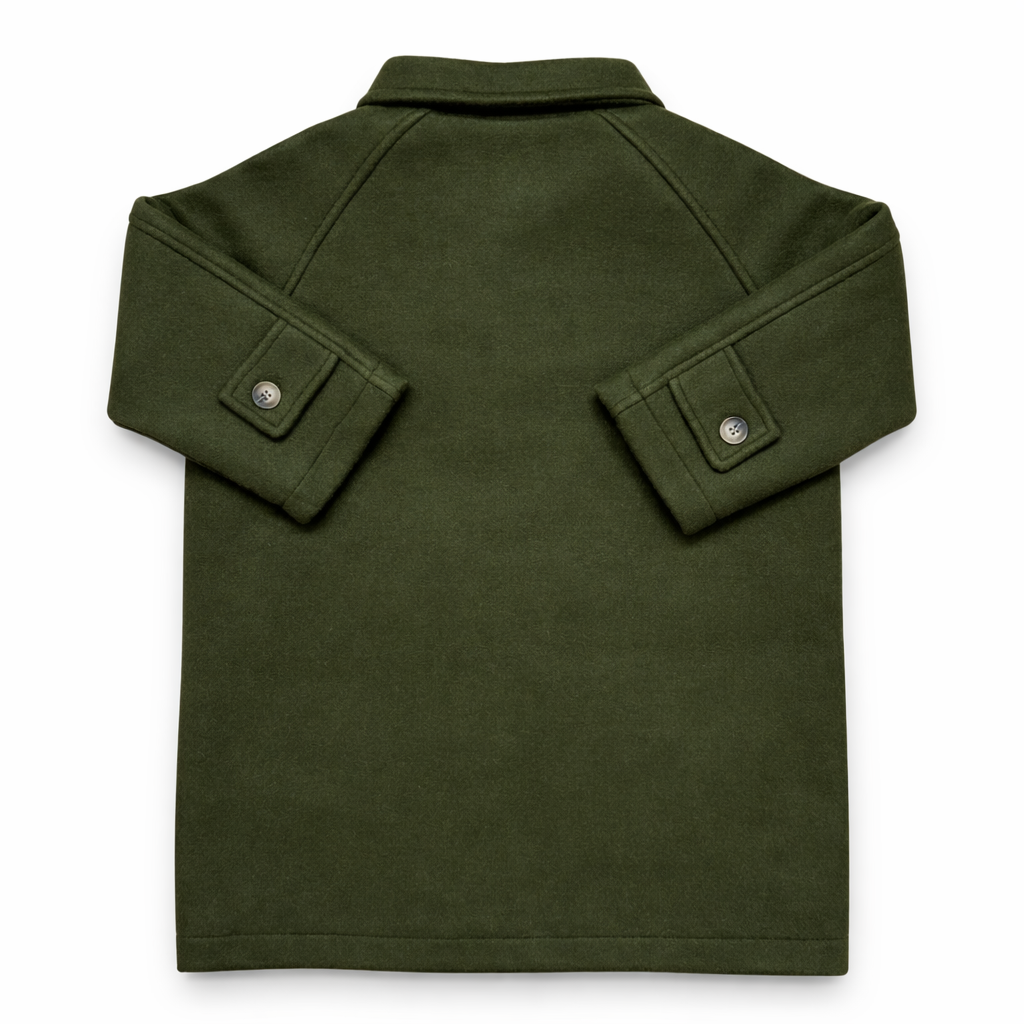 Olive green boiled wool children’s pea coat with raglan sleeves, concealed front placket, three front pockets and quilted lining