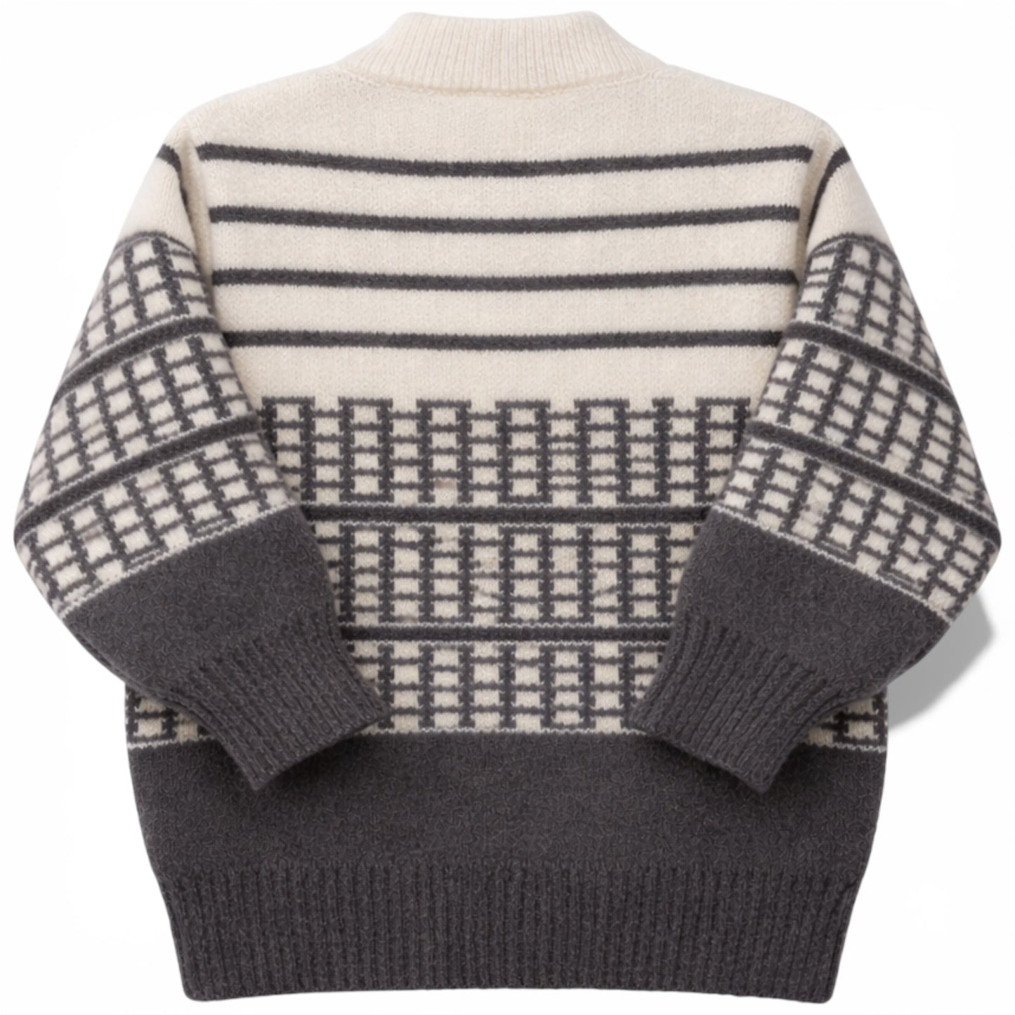 Children’s patterned knit jumper with drop shoulder and ribbed hem, back view
