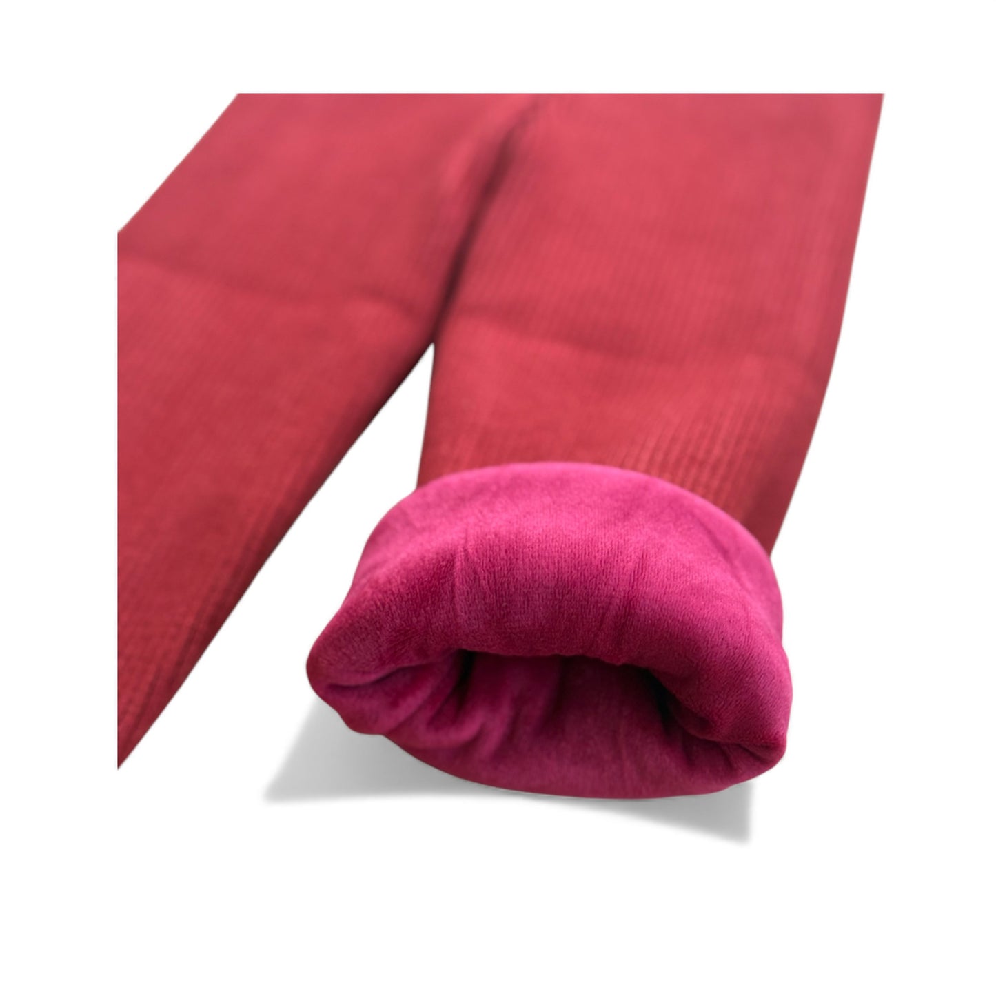 Close-up of red fleece-lined cuff showing soft interior.”