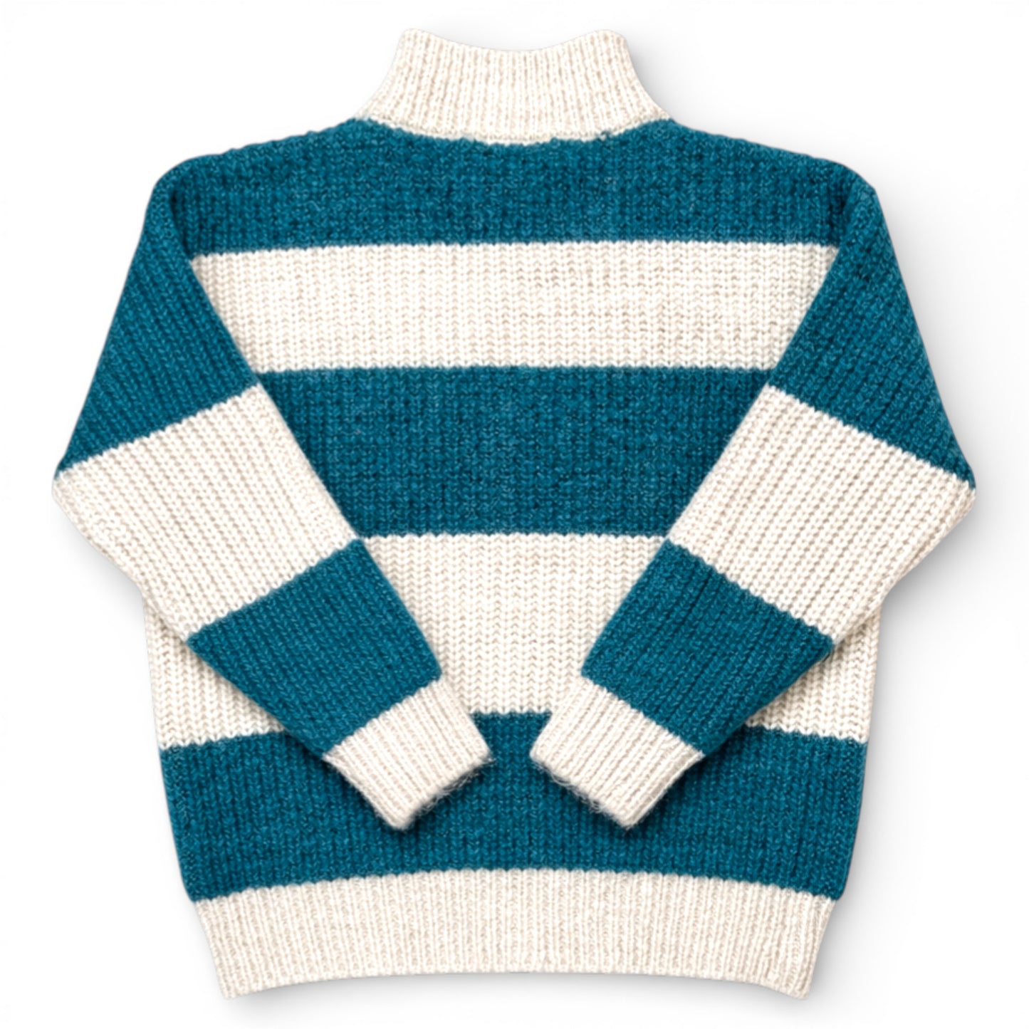 Children’s striped knitted jumper with teal and cream stripes, drop shoulder, boxy fit and turtleneck