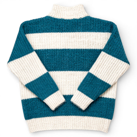 Children’s striped knitted jumper with teal and cream stripes, drop shoulder, boxy fit and turtleneck