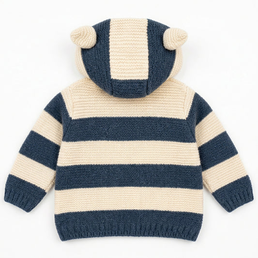 A navy blue and cream striped knit hooded sweater for a baby or toddler, shown from the back. The hood features two small knitted bear ears, and the sweater has horizontal stripes with a ribbed hem, cuffs, and collar.