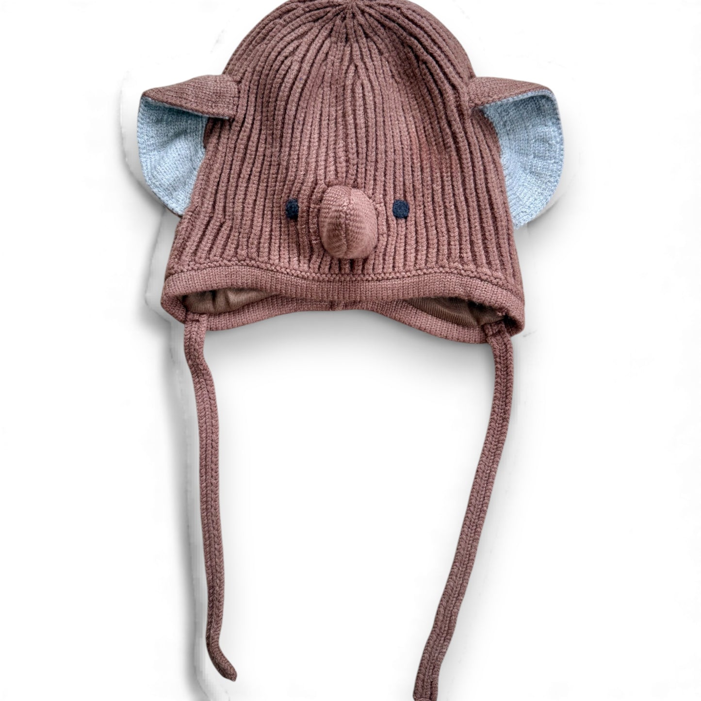 Ellie Hat by That’s Not Fair London, brown cotton-lined children’s hat with ear coverage and tie fastening