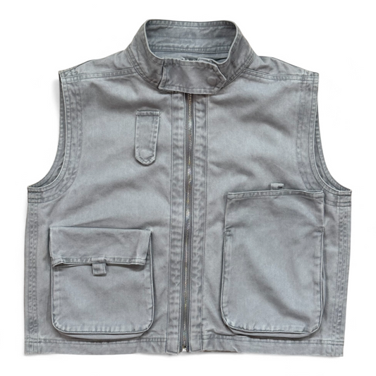 Washed-denim box-fit gilet with high collar and utility pocket detail by That’s Not Fair London