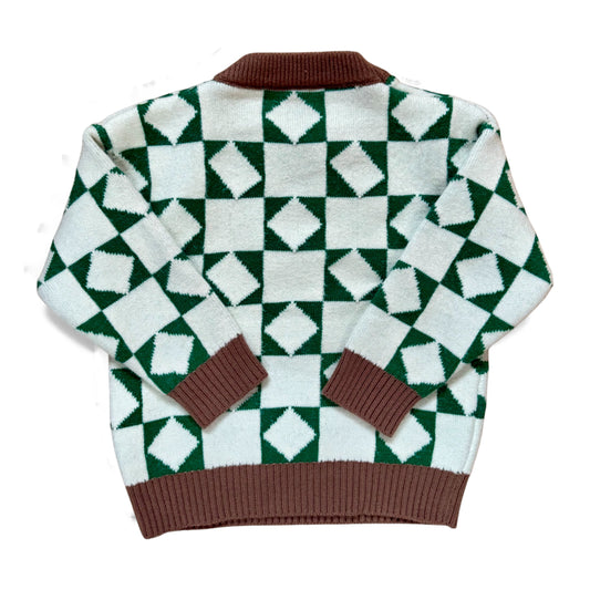 Back view of Earnest Jumper, remnant yarn checkerboard knit with drop shoulders by That’s Not Fair London