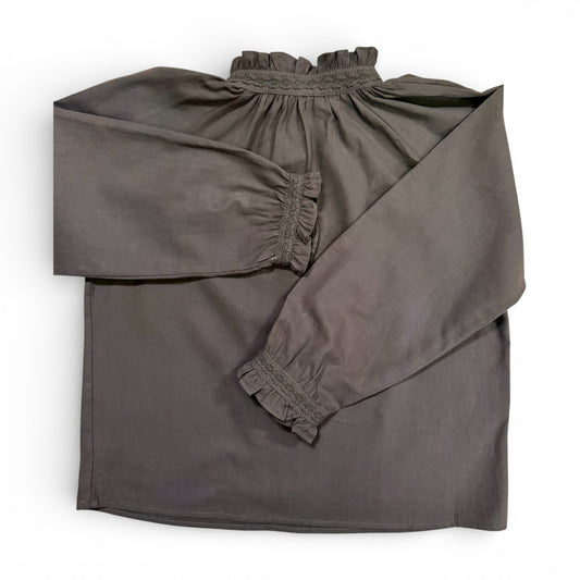 Detail of Etta Blouse neckline showing gathered fabric and frill trim, heritage children’s blouse