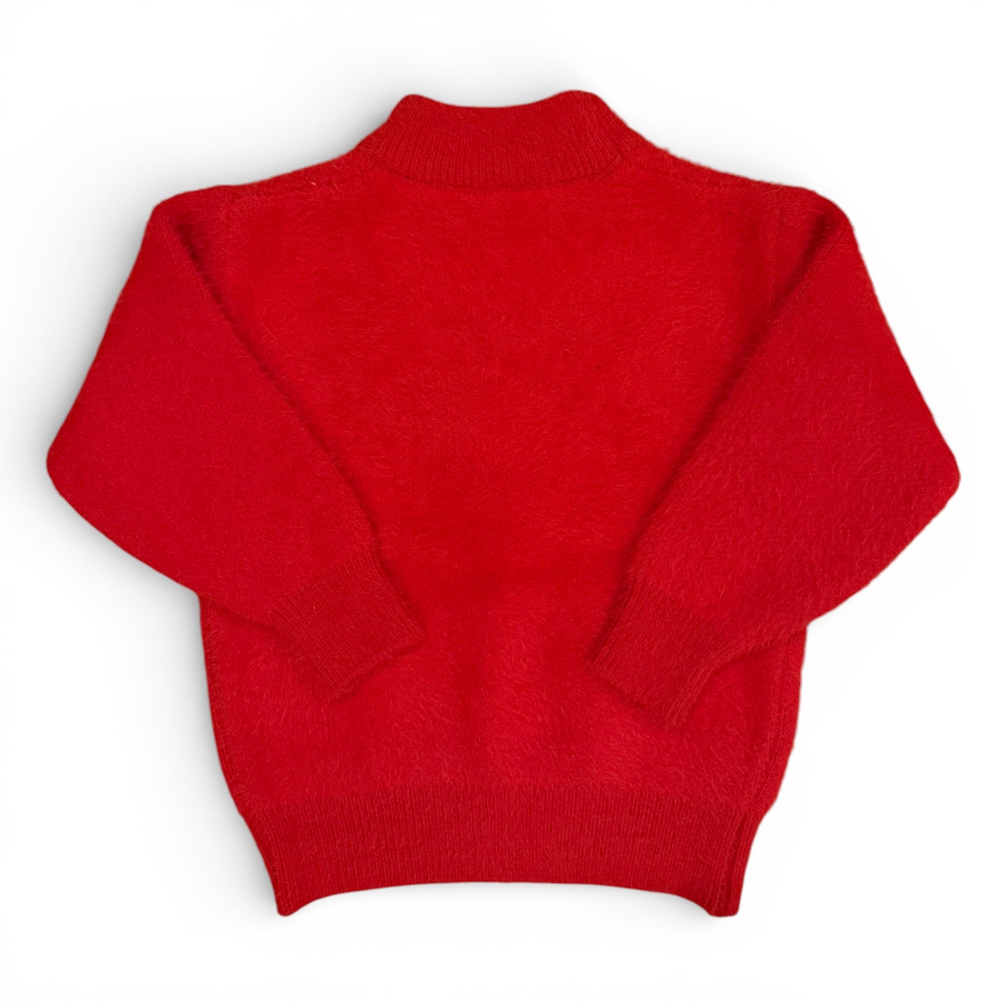 Back view of red mohair children’s jumper with drop shoulders and ribbed hem