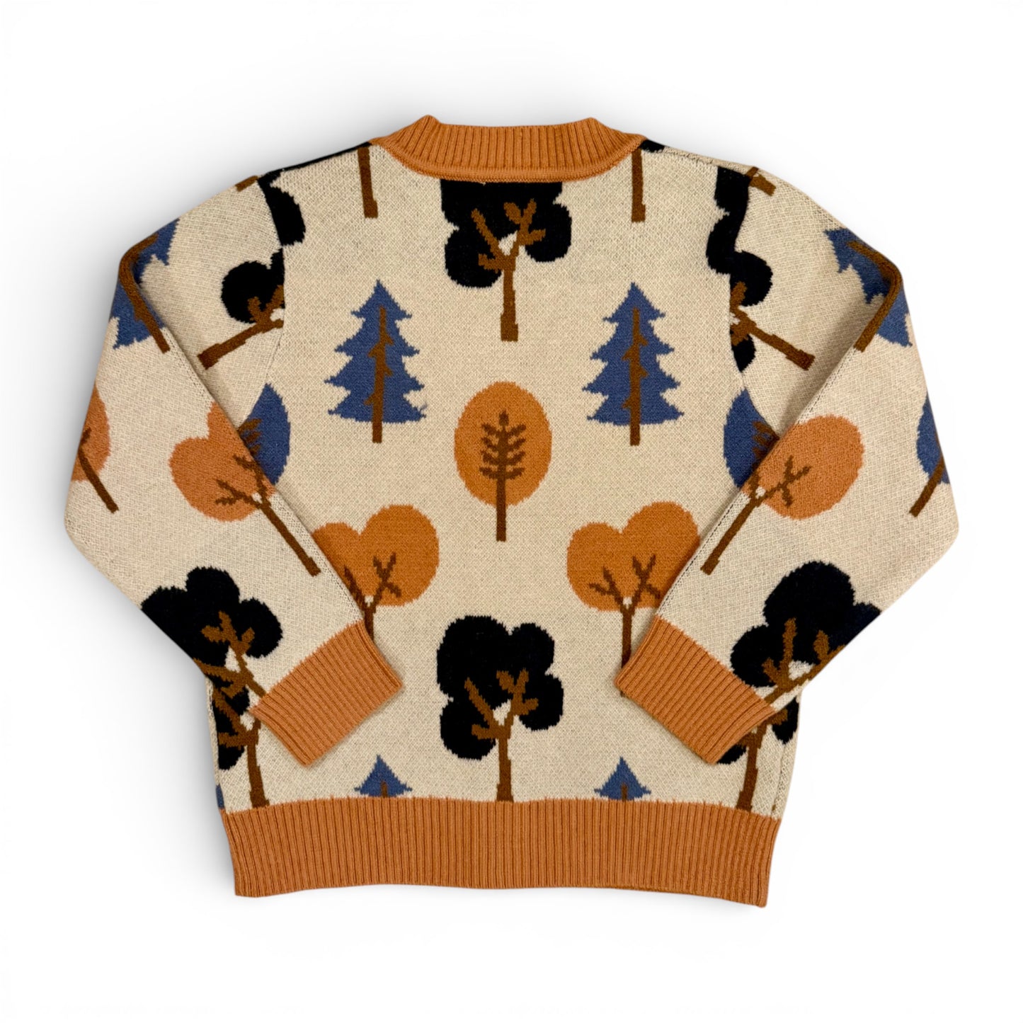 Back view - Children’s patterned knitted cardigan with drop shoulders, contrast trim and button front