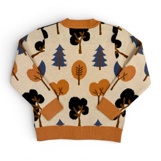 Back view - Children’s patterned knitted cardigan with drop shoulders, contrast trim and button front