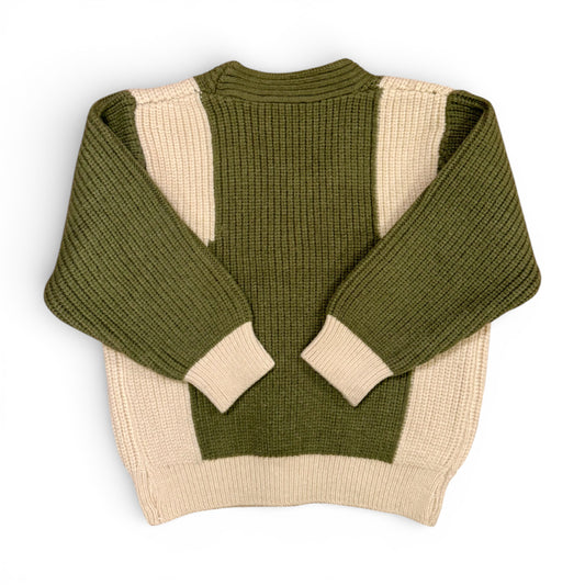 Back view of olive green panelled knit children’s jumper