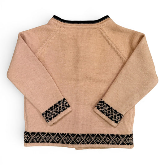 Back view - Children’s knitted cardigan with raglan sleeves, contrast patterned trim and button front