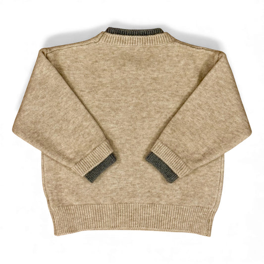 Children’s knit jumper with drop shoulders and contrast rib cuffs — back view.