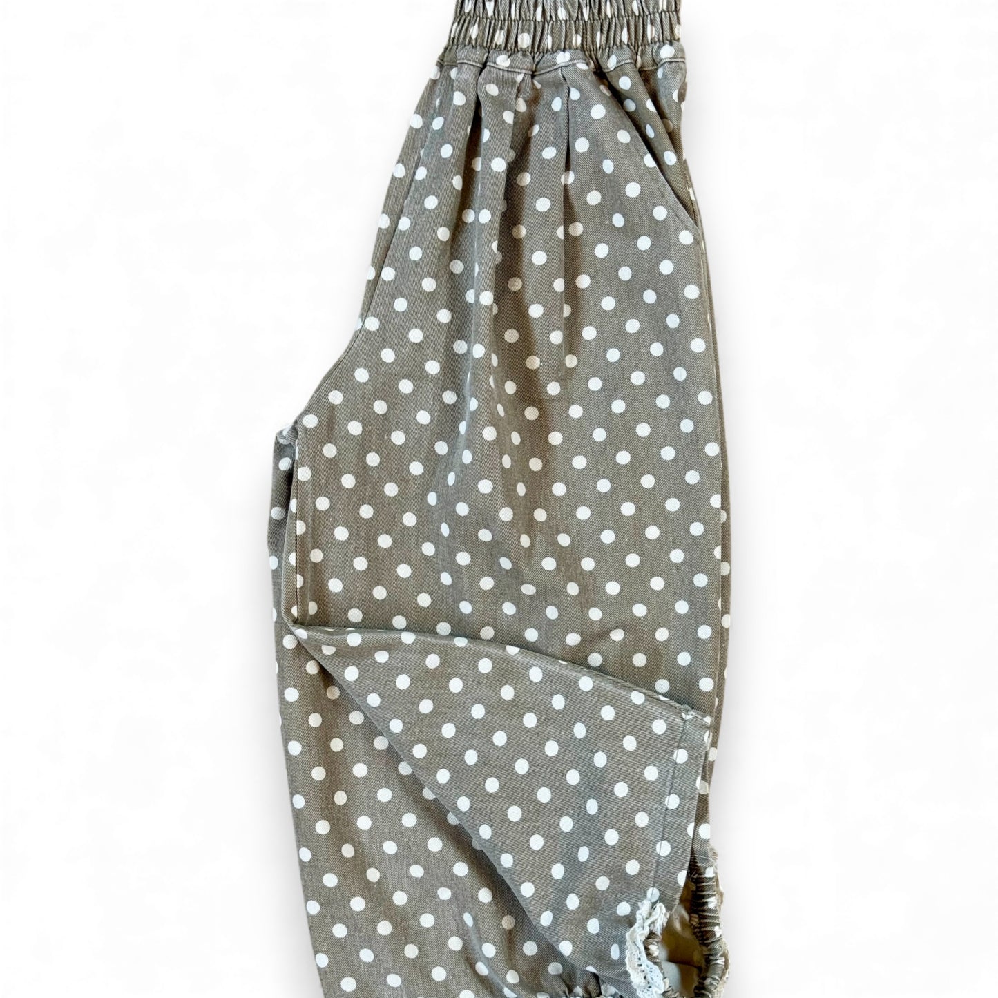 Kehinde Pantaloons in Charcoal Polka Dot – wide-leg cotton denim with lace cuff and elastic waist.