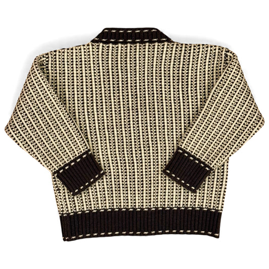 “Kenzo Cardi in brown– back view showing jacquard knit and ribbed hem.”