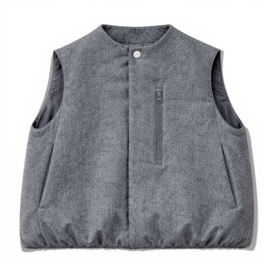 Grey wool kids gilet with hidden popper placket, quilted lining, swing fit and chest zip pocket