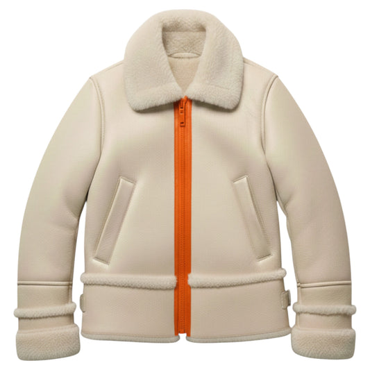 Children’s Cream shearling-lined lambskin jacket with orange zip, front view, by That’s Not Fair London
