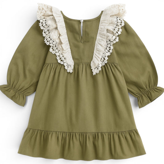 Back view of olive girls dress with winged lace collar panels and keyhole fastening by That’s Not Fair London.