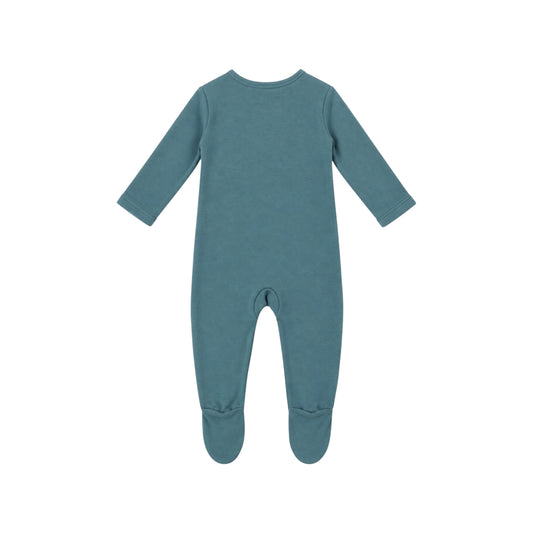 A dusty teal long-sleeve baby footed sleeper, photographed flat against a solid white background.
