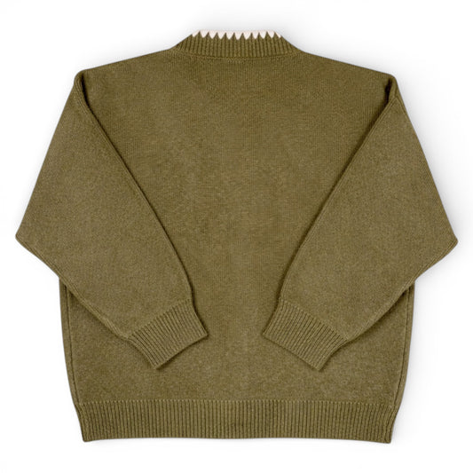 Olive green children’s knit cardigan with contrast stitch trim and button front
