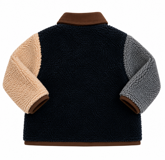 Back view of the Simon Shacket by That’s Not Fair London, showing the colour-block sherpa fabric, contrasting sleeves and cord collar.