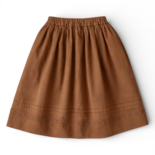 Girls tea‑length brown cotton A‑line skirt with slant pockets and eyelet hem