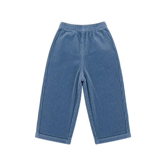 Back view of the Zoale Cords by That’s Not Fair London, showing blue corduroy fabric, back waistband, drawstring and turn-up hems.