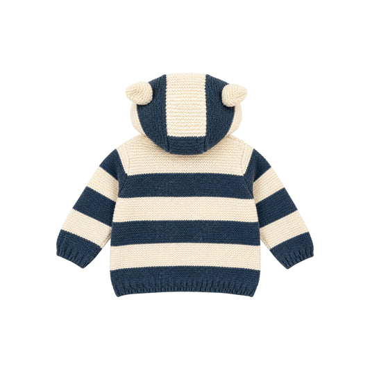 That's Not Fair London Dilly Cardigan in navy and cream stripes with a hood featuring cute knitted bear ears.