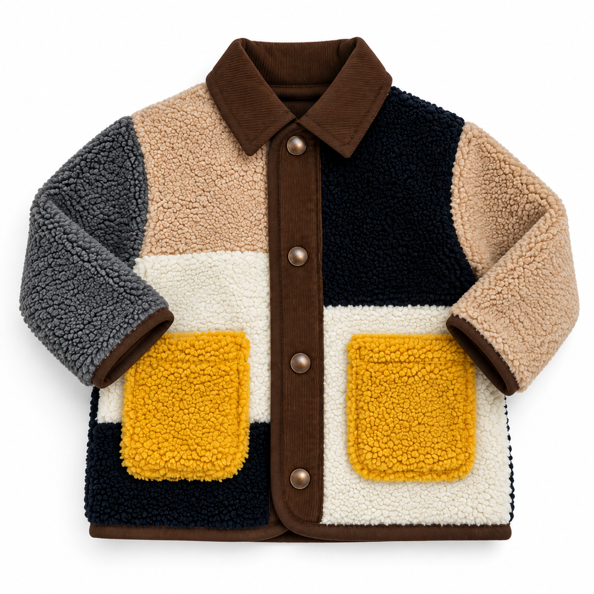 Simon Shacket by That’s Not Fair London, colour-block sherpa children’s jacket with cord collar and button placket, mustard patch pockets and contrasting sleeves.

