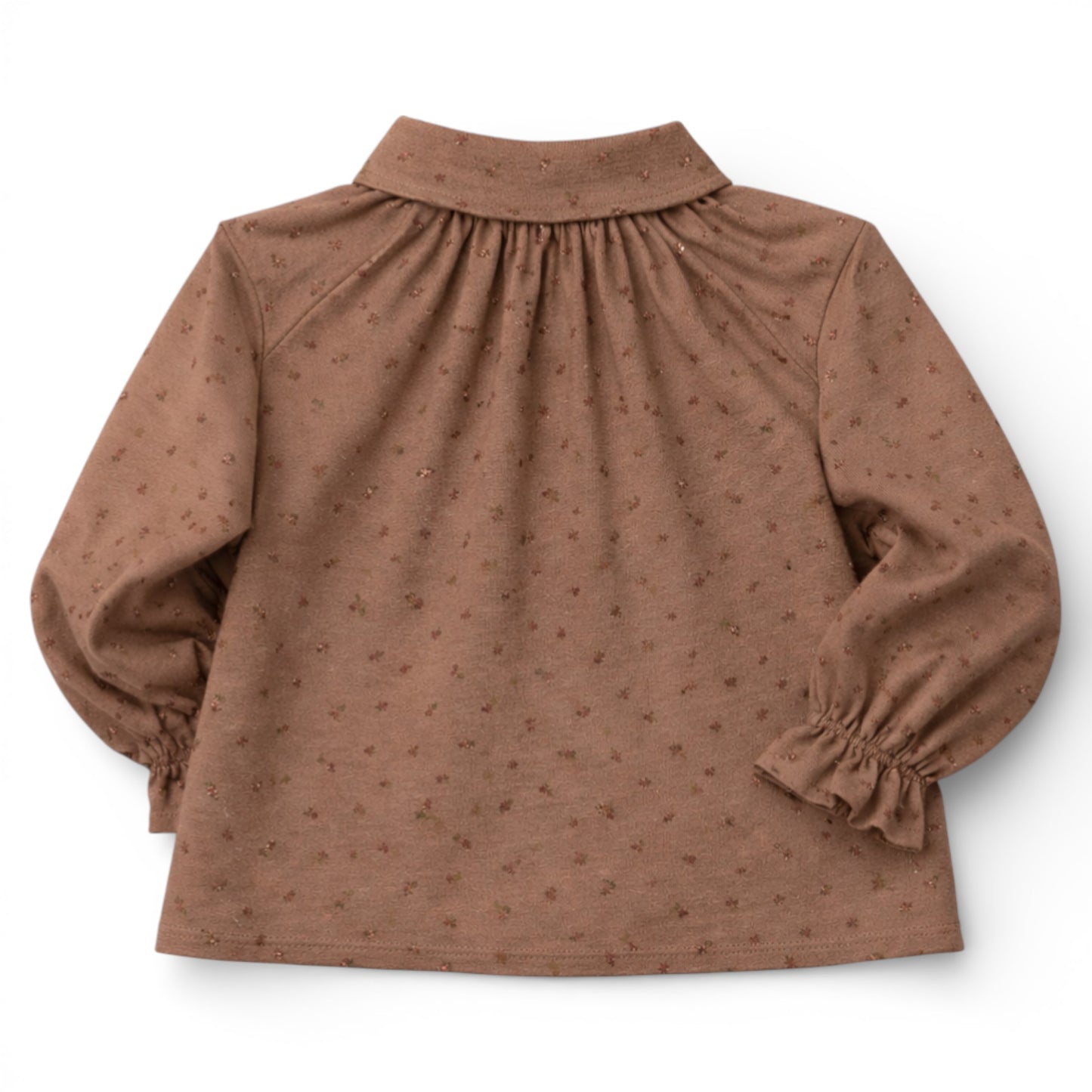Brushed cotton children’s blouse with slim Peter Pan collar, button front, Raglan sleeve with frilled cuff details.