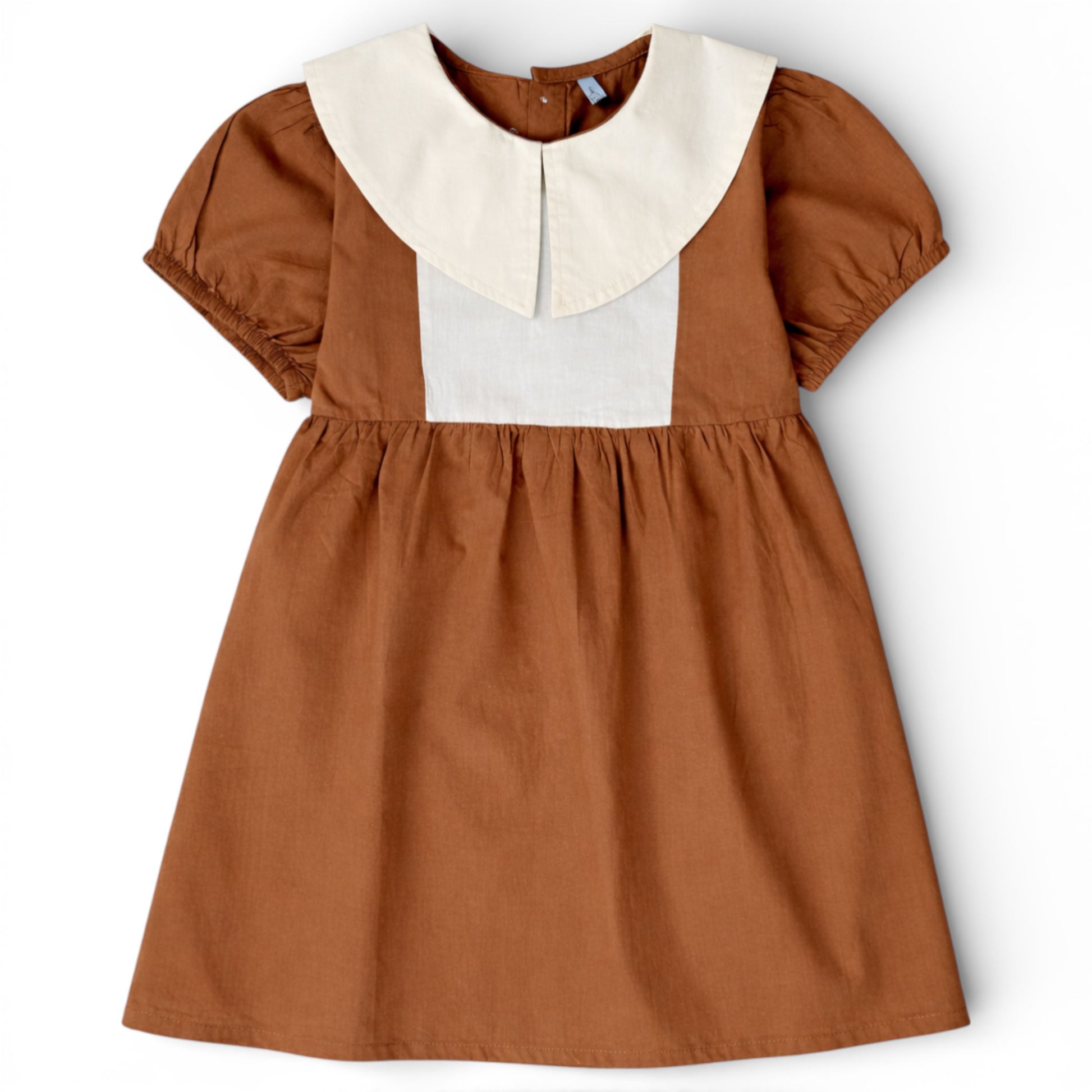 Brown cotton smock dress with oversized Peter Pan collar and empire waist