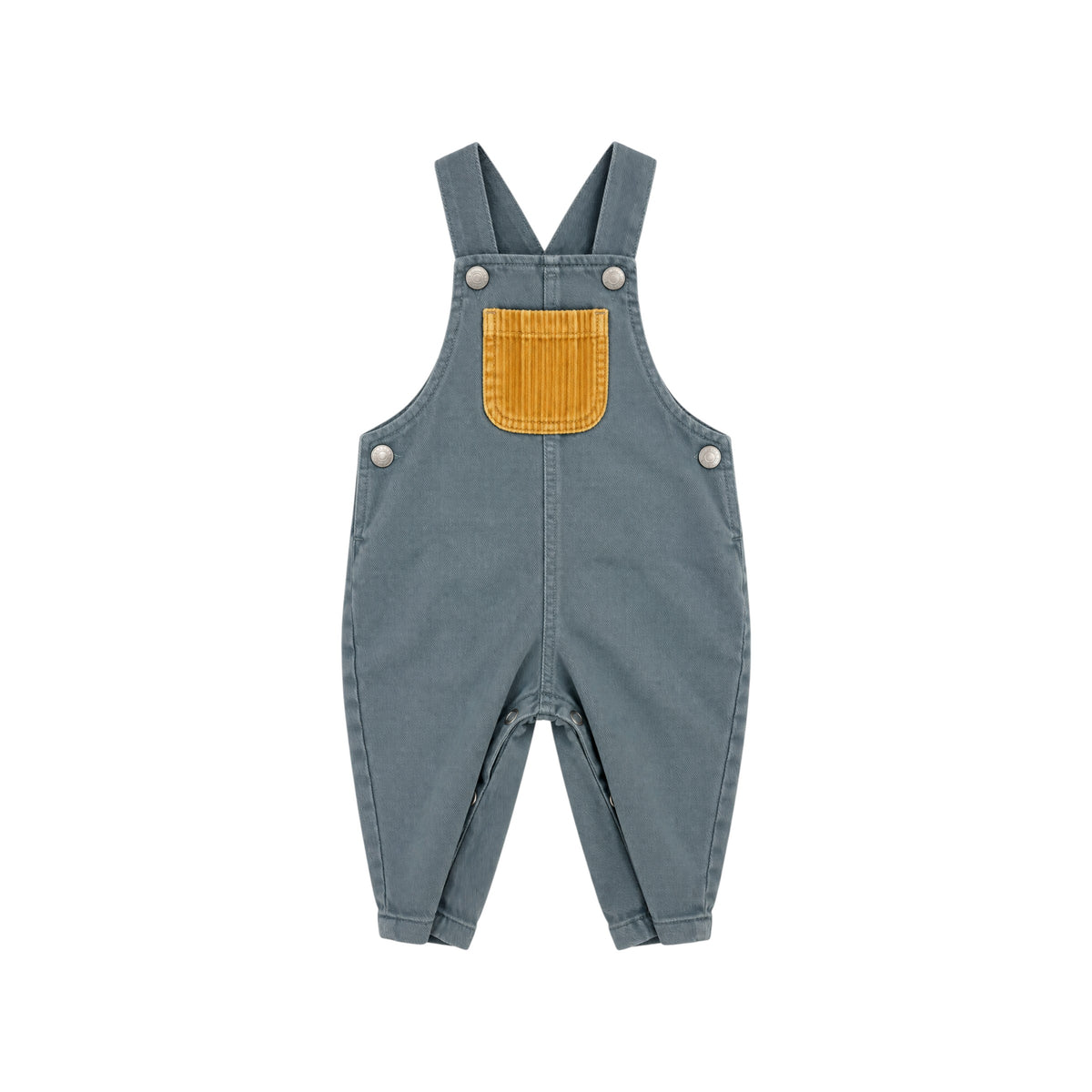 Arlo blue children's dungarees with mustard corduroy chest pocket and adjustable shoulder straps, front view.