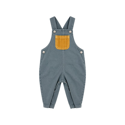 Arlo blue children's dungarees with mustard corduroy chest pocket and adjustable shoulder straps, front view.