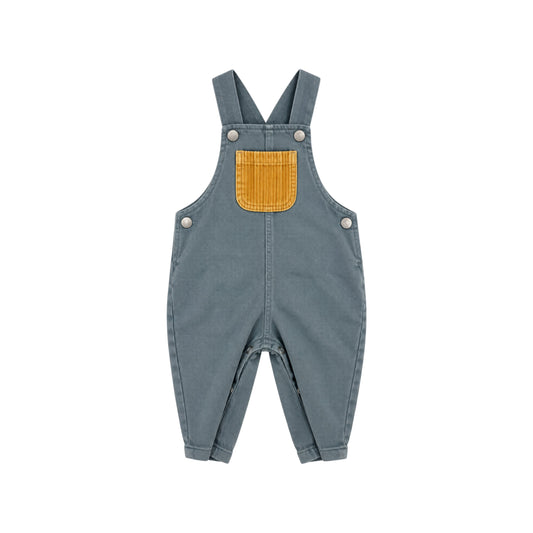 Arlo blue children's dungarees with mustard corduroy chest pocket and adjustable shoulder straps, front view.