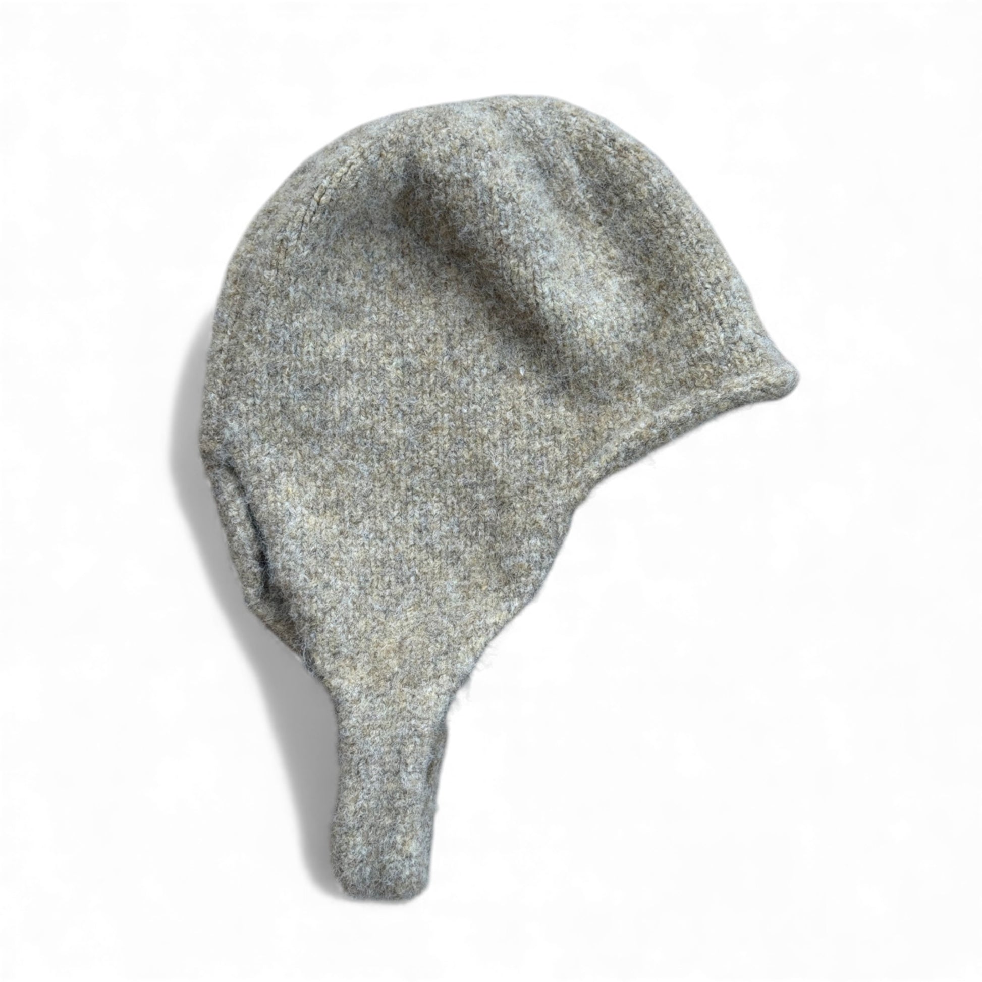 Grey wool bascinet-style children’s hat showing curved ear panel — side view.