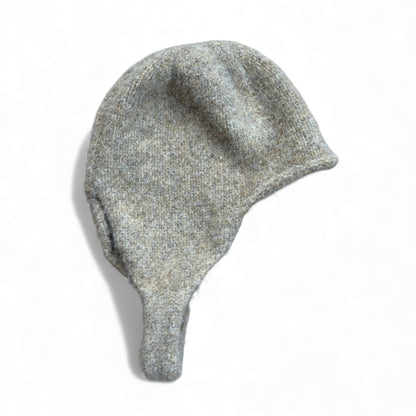 Grey wool bascinet-style children’s hat showing curved ear panel — side view.