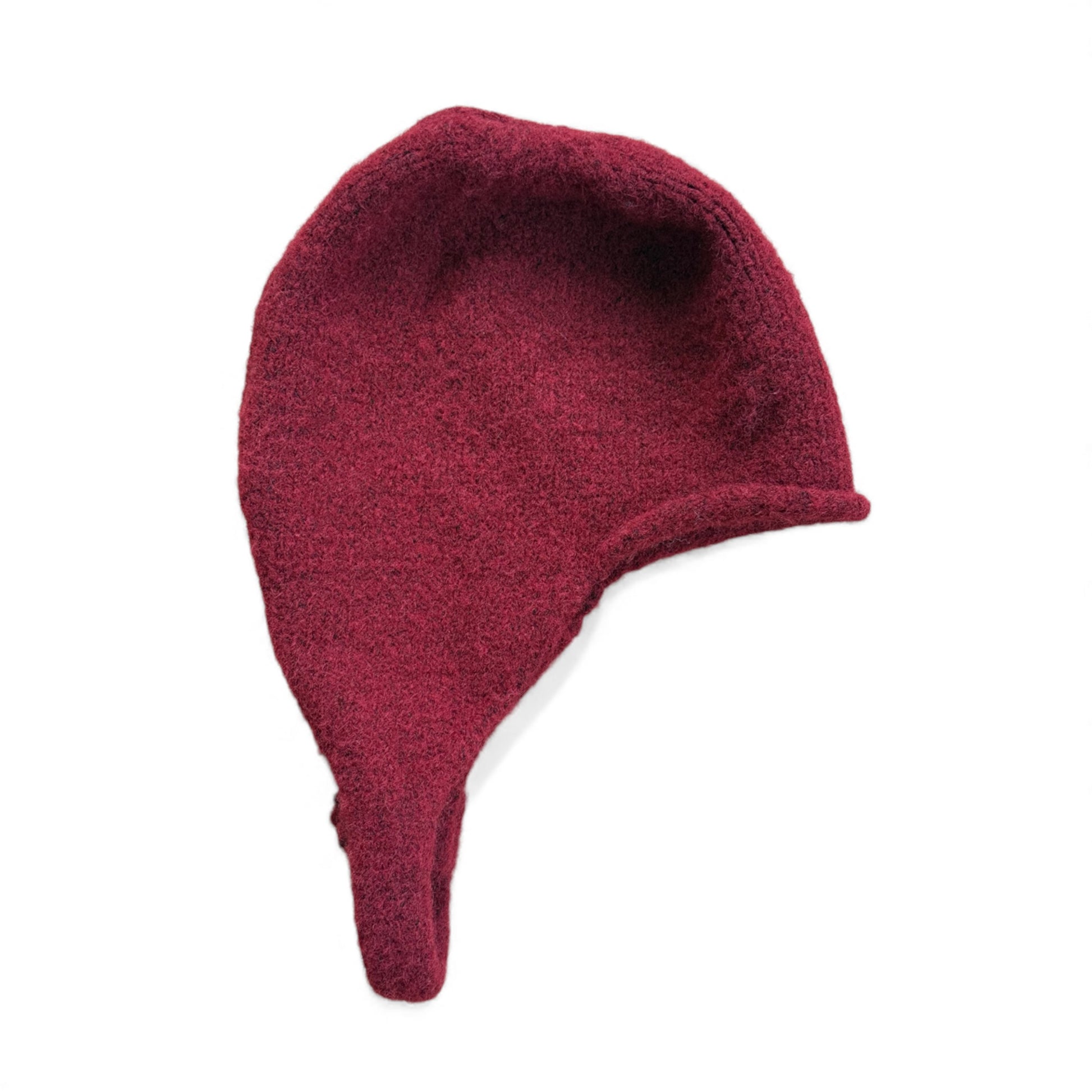 Burgundy wool bascinet-style children’s hat with curved ear coverage — side view.
