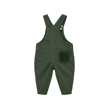 Back view of Arvo green children's dungarees showing the tonal corduroy patch pocket, adjustable shoulder straps and tapered legs.