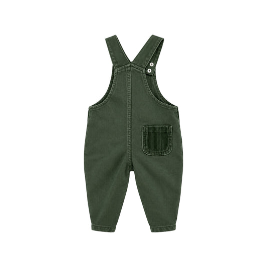 Back view of Arvo green children's dungarees showing the tonal corduroy patch pocket, adjustable shoulder straps and tapered legs.