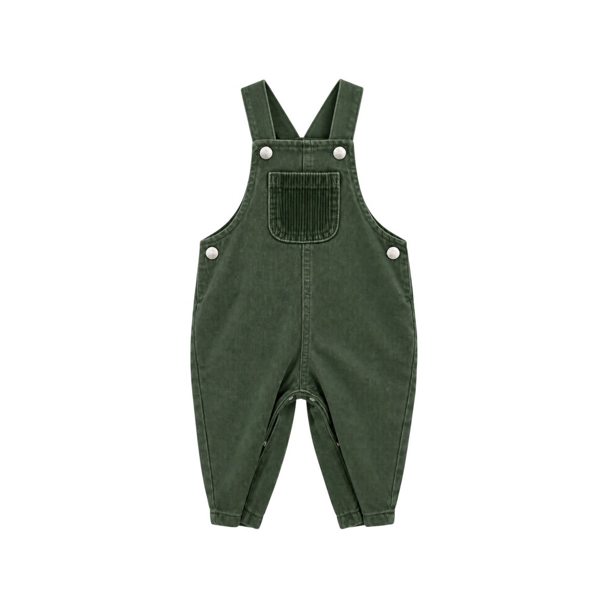 Arvo green children's dungarees with tonal corduroy chest pocket, adjustable shoulder straps and metal-effect buttons, front view.