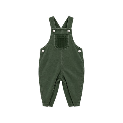 Arvo green children's dungarees with tonal corduroy chest pocket, adjustable shoulder straps and metal-effect buttons, front view.